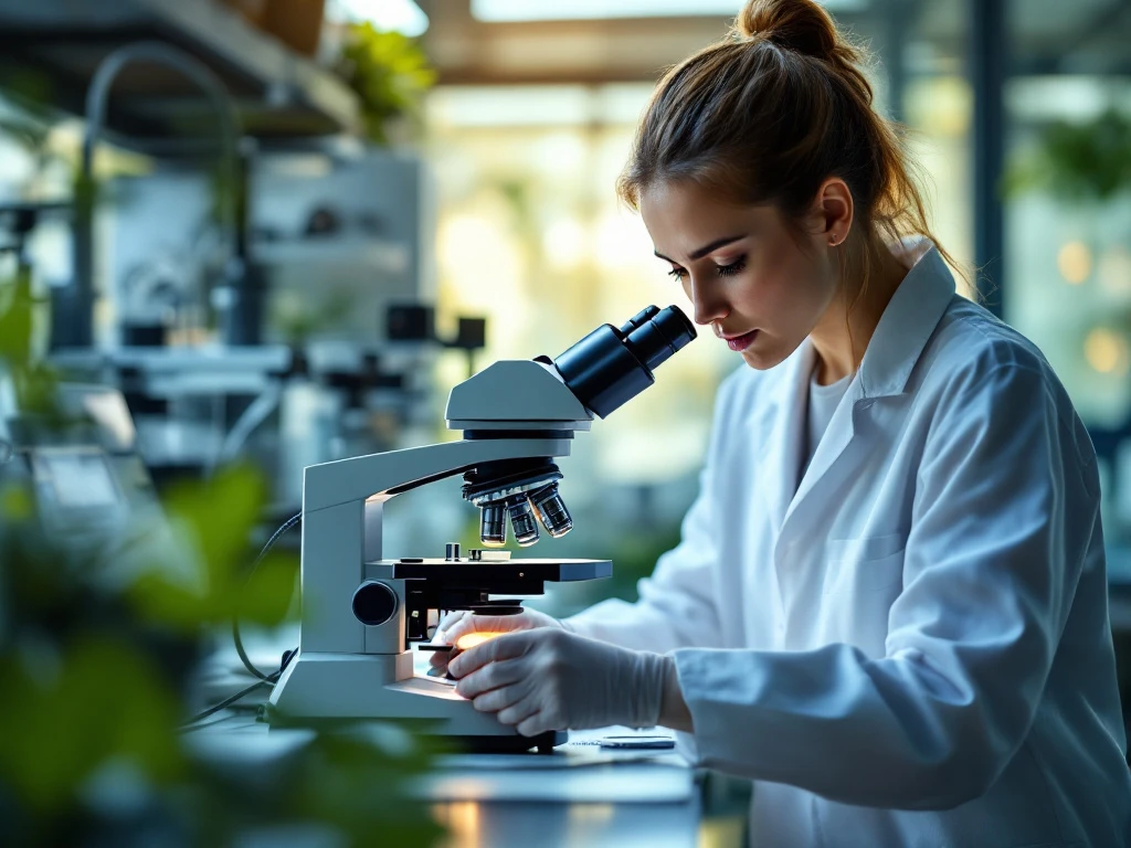 Scientist in lab coat examines biomaterial under a microscope in an eco-friendly lab, highlighting KCL's expertise in sustainable research.